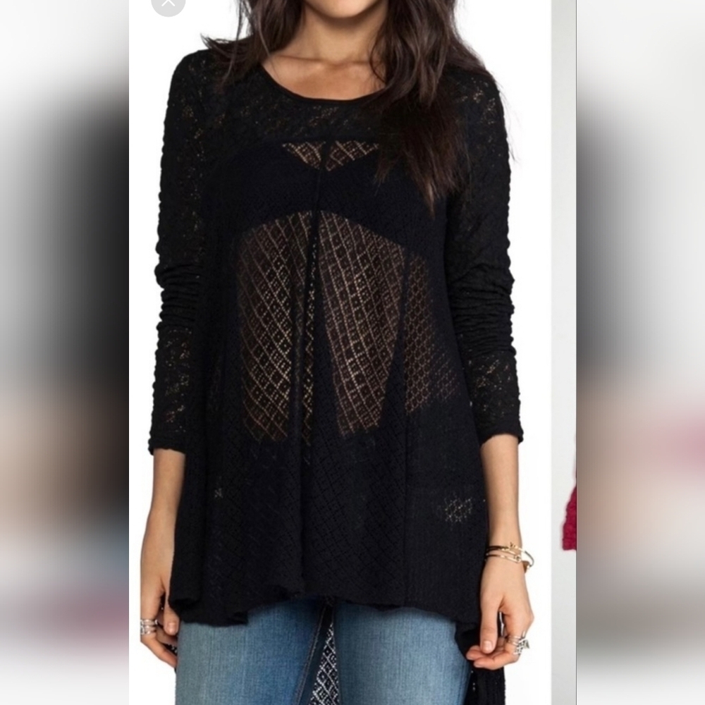 Free People Black Lace Sheer Crochet Top Scoop Neck High-low Size Medium